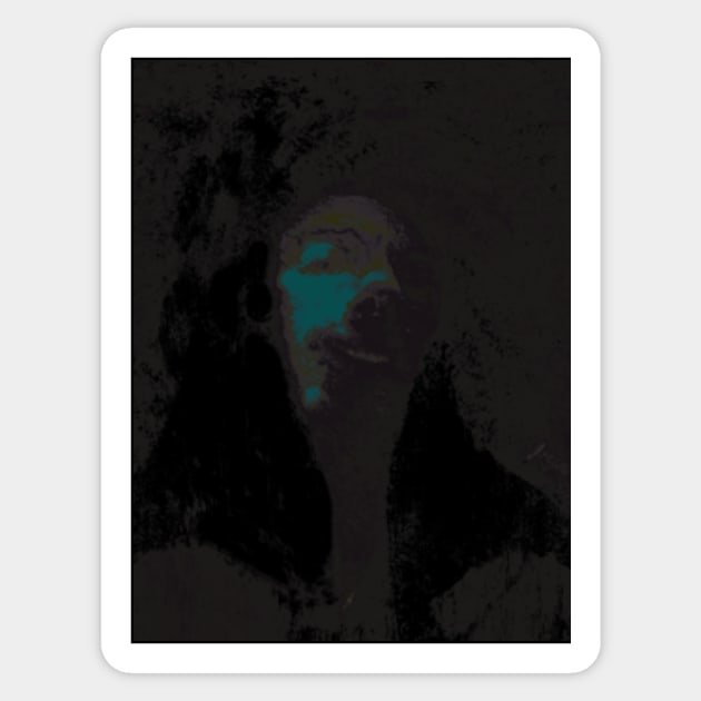 Portrait, digital collage and special processing. Like monk, man, smiling. Head. Weird. Like graffiti. Gray and aquamarine. Sticker by 234TeeUser234